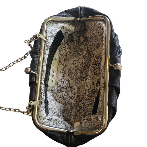 Vintage Nine West Black Leather Faux Diamond Kiss Lock Clutch Bag w/ Strap - Picture 4 of 12